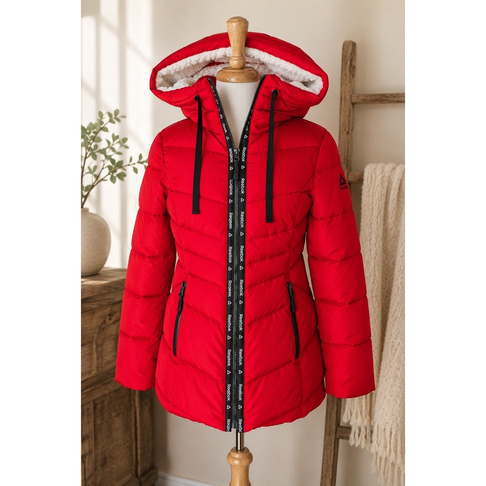 Reebok Red Puffer Coat M Sherpa Lined Oversized Hood Winter Streetwear Ski